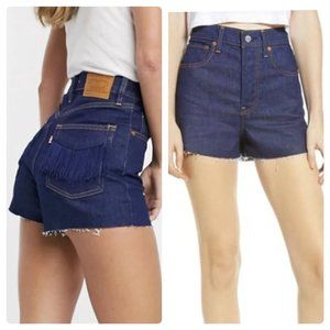 NWT Levi's Ribcage No Mans Land Fringe Denim Shorts in Indigo Womens sz 24